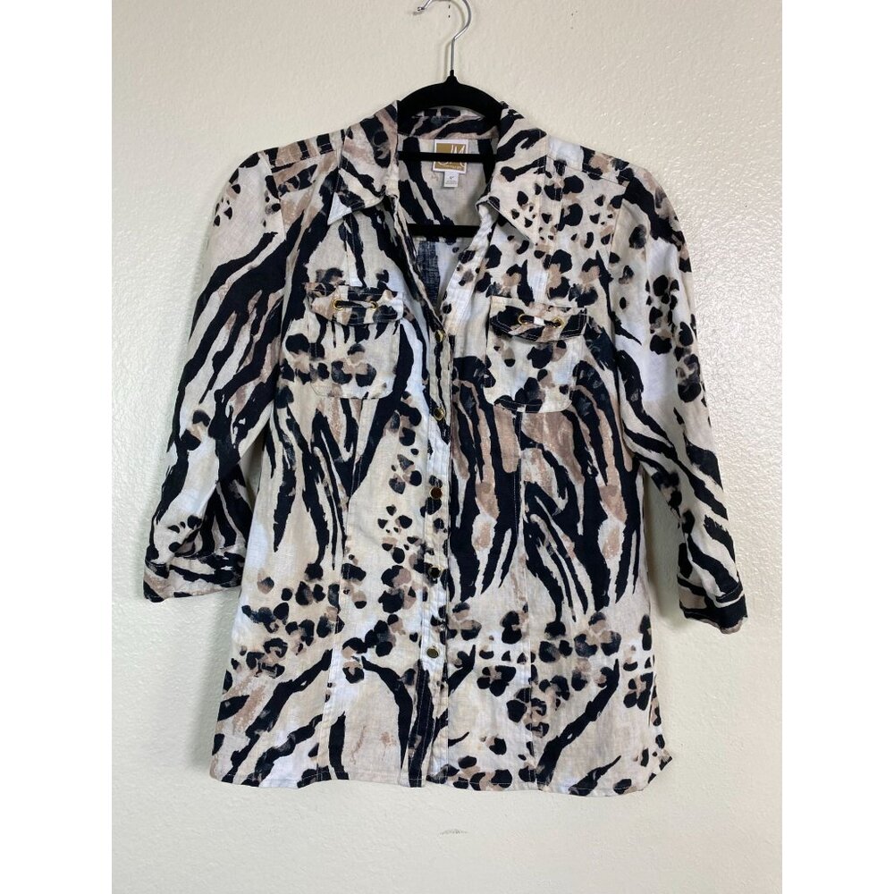 JM Collection Linen Button Up‎ Top Women size Petite 4 Animal Print 3/4 Sleeve